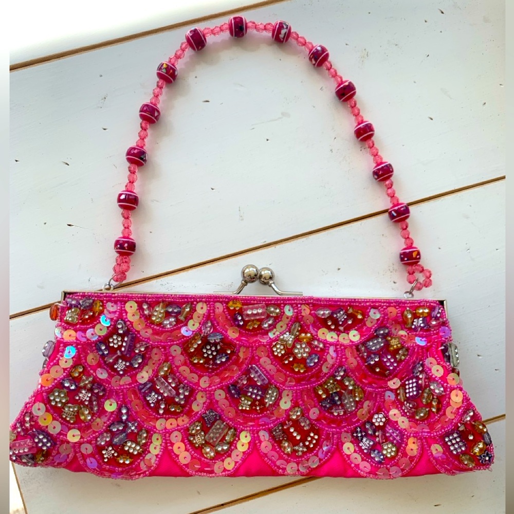 Pink Beaded Satin  Clutch Bag